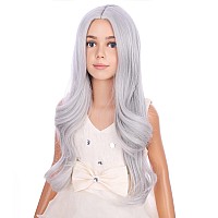 Pattnium Silver Gray Wig For Kids Girls Long Curly Wavy Gray Wig Child Middle Part Synthetic Wig With Wig Cap