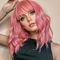 Vckovcko 14Inches Loose Wave Bob Wig Wavy Pink Bob Wig With Air Bang Curly Hair Wigs Synthetic Cosplay Party Wigs For Women 14I