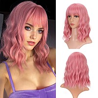 Vckovcko 14Inches Loose Wave Bob Wig Wavy Pink Bob Wig With Air Bang Curly Hair Wigs Synthetic Cosplay Party Wigs For Women 14I