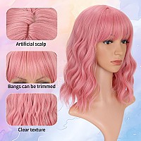 Vckovcko 14Inches Loose Wave Bob Wig Wavy Pink Bob Wig With Air Bang Curly Hair Wigs Synthetic Cosplay Party Wigs For Women 14I