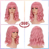 Vckovcko 14Inches Loose Wave Bob Wig Wavy Pink Bob Wig With Air Bang Curly Hair Wigs Synthetic Cosplay Party Wigs For Women 14I