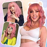 Vckovcko 14Inches Loose Wave Bob Wig Wavy Pink Bob Wig With Air Bang Curly Hair Wigs Synthetic Cosplay Party Wigs For Women 14I