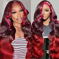 Haha Red And Pink Highlight Ombre Lace Front Wig Human Hair Skunk Stripe 13X4 Body Wave Lace Frontal Wig 99J Burdundy Red Pink H