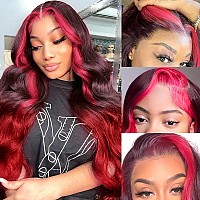 Haha Red And Pink Highlight Ombre Lace Front Wig Human Hair Skunk Stripe 13X4 Body Wave Lace Frontal Wig 99J Burdundy Red Pink H