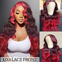 Haha Red And Pink Highlight Ombre Lace Front Wig Human Hair Skunk Stripe 13X4 Body Wave Lace Frontal Wig 99J Burdundy Red Pink H