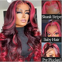 Haha Red And Pink Highlight Ombre Lace Front Wig Human Hair Skunk Stripe 13X4 Body Wave Lace Frontal Wig 99J Burdundy Red Pink H