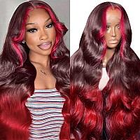 Haha Red Pink Ombre Wig Human Hair 99J Burgundy Highlight Lace Front Wig Pre Plucked Body Wave Pink Skunk Stripe Wig Human Hair