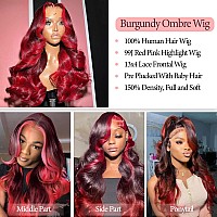 Haha Red Pink Ombre Wig Human Hair 99J Burgundy Highlight Lace Front Wig Pre Plucked Body Wave Pink Skunk Stripe Wig Human Hair