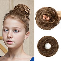 Isheeny Human Hair Bun Extension Girls Natural Curly Brown Highlights Honey Messy Bun Hair Piece For Kids Daily Use 2Pcs