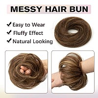 Isheeny Human Hair Bun Extension Girls Natural Curly Brown Highlights Honey Messy Bun Hair Piece For Kids Daily Use 2Pcs