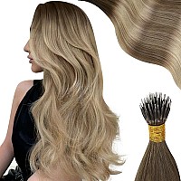 Moresoo Nano Bead Hair Extensions Real Human Hair Balayage Dark Brown With Ash Blonde Nano Tip Hair Extensions Human Hair Blonde