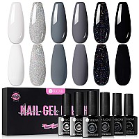 Ur Sugar Black White Gel Nail Polish Set 6 Colors Black White Grey Gel Polish Black Glitter Sliver Glitter Nail Polish Set For