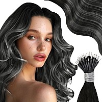 Moresoo Nano Ring Hair Extensions Human Hair Black To Silver Balayage Nano Hair Extensions Human Hair Ombre Grey Nano Bead Hair