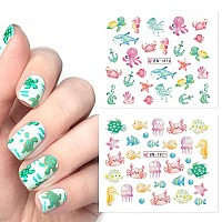 12 Sheets Ocean Water Transfer Nail Decals Cute Sea Creature Sea Shell Starfish Jellyfish Sea Turtle Summer Nail Decals Watermar