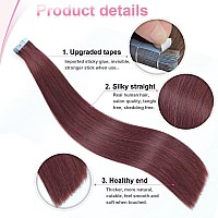 Peispei Human Hair Extensions Tape In 16 Inch 40G Burgundy Real Straight Tape Ins For Women Straight Invisible Seamless Skin Rem