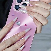 Sinhot French Tip Press On Nails Long Stiletto Fake Nails Pearly White Acrylic Nails Glossy Glue On Nails Almond Artificial Nail