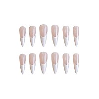 Sinhot French Tip Press On Nails Long Stiletto Fake Nails Pearly White Acrylic Nails Glossy Glue On Nails Almond Artificial Nail