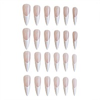 Sinhot French Tip Press On Nails Long Stiletto Fake Nails Pearly White Acrylic Nails Glossy Glue On Nails Almond Artificial Nail