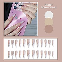 Sinhot French Tip Press On Nails Long Stiletto Fake Nails Pearly White Acrylic Nails Glossy Glue On Nails Almond Artificial Nail