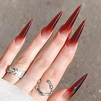 Sinhot Stiletto Press On Nails Extra Long Fake Nails Red Gradient Acrylic Nails Almond Glossy Glue On Nails Stick On False Nails