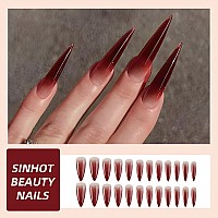 Sinhot Stiletto Press On Nails Extra Long Fake Nails Red Gradient Acrylic Nails Almond Glossy Glue On Nails Stick On False Nails