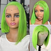 Colored Bob Wig Human Hair Lime Green 180 Density Short Bob 13X4 Hd Lace Front Wigs Human Hair Pre Plucked With Natural Hairlin