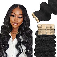 Lashey Tape In Hair Extensions Real Human Hair Body Wave 40Pcs 100G Tape In Hair Extensions Natural Black 18 Inch Doubleside Ta