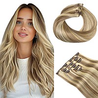 Hotbanana Clip In Hair Extensions Ash Brown Highlighted Golden Blonde 5Pcs Clip In Hair Extensions Real Human Hair Straight Rem