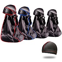 4Pcs Silky Durags For Men Women 360 Waves With 1 Wave Cap Silky Satin Durag Extra Long Tails