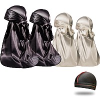 4Pcs Silky Durags For Men Women 360 Waves With 1 Wave Cap Silky Satin Durag Extra Long Tails