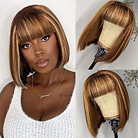 Wenyan Short Bob Human Hair Wigs With Bangs 8 Inch None Lace Front Wigs Highlight Brazilian Virgin Straight Hair 150 Density Ma