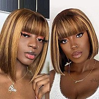 Wenyan Short Bob Human Hair Wigs With Bangs 8 Inch None Lace Front Wigs Highlight Brazilian Virgin Straight Hair 150 Density Ma