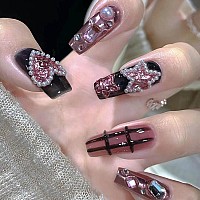 Rtkhfze Press On Nails Medium Square Fake Nails Black Full Cover Acrylic False Nails With Pearl Jewelry And Rhinestones Designs