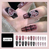 Rtkhfze Press On Nails Medium Square Fake Nails Black Full Cover Acrylic False Nails With Pearl Jewelry And Rhinestones Designs