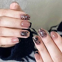 Rtkhfze Short Press On Nails Square Black Butterfly Fake Nails With Design Exquisite Stick On Nails Full Cover Acrylic Glossy Gl