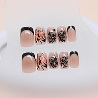 Rtkhfze Short Press On Nails Square Black Butterfly Fake Nails With Design Exquisite Stick On Nails Full Cover Acrylic Glossy Gl