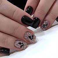 Rtkhfze Black Press On Nails Short Square Fake Nails With Black Vines And Dark Butterfly Designs False Nails Full Cover Acrylic