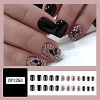 Rtkhfze Black Press On Nails Short Square Fake Nails With Black Vines And Dark Butterfly Designs False Nails Full Cover Acrylic