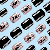 Rtkhfze Black Press On Nails Short Square Fake Nails With Black Vines And Dark Butterfly Designs False Nails Full Cover Acrylic