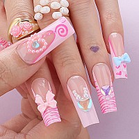 Mqpq Handmade Square Cute Nails With Bow Knot Heartshaped Pearls Sweet Press Ons Lovefull Lollipop Fake Nails Long Pink French