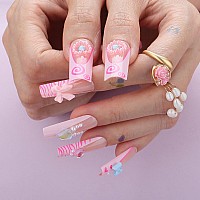 Mqpq Handmade Square Cute Nails With Bow Knot Heartshaped Pearls Sweet Press Ons Lovefull Lollipop Fake Nails Long Pink French