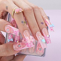 Mqpq Handmade Square Cute Nails With Bow Knot Heartshaped Pearls Sweet Press Ons Lovefull Lollipop Fake Nails Long Pink French