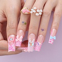 Mqpq Handmade Square Cute Nails With Bow Knot Heartshaped Pearls Sweet Press Ons Lovefull Lollipop Fake Nails Long Pink French