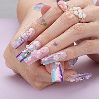 Mqpq Square Cute Press On Nails With Flowers Heartshaped Butterfly Pretty Handmade False Nails Lovefull Rainbow Fake Nails Long