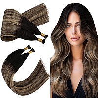 Ugeat Itip Human Hair Extensions Natural Black Balayage Medium Brown Ombre Caramel Brown I Tip Hair Extensions Human Hair Soft S