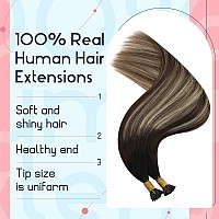 Ugeat Itip Human Hair Extensions Natural Black Balayage Medium Brown Ombre Caramel Brown I Tip Hair Extensions Human Hair Soft S