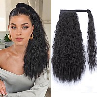 Stamped Glorious Long Corn Wave Ponytail Extension Magic Paste Heat Resistant Wavy Synthetic Wrap Around Ponytail Or Women Black