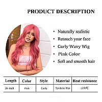 Long Pink Wave Wigs For Women26 Inch Natural Synthetic Hair For Cosplay Halloween Party Daily Use Wig