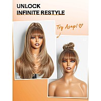 Gorgius Highlight Straight Layered Wigs With Bangs Glueless Light Brown With Blond Highlights 22 Inch Wigs Crafted With Stylear