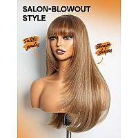 Gorgius Highlight Straight Layered Wigs With Bangs Glueless Light Brown With Blond Highlights 22 Inch Wigs Crafted With Stylear